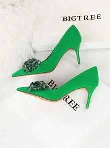 歐美風派對高跟鞋，女式豪華緞面尖頭蝴蝶結鞋 - 綠色 - 查看 3
