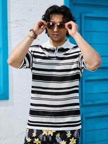 Manfinity RSRT Men's Striped Short Sleeve Knit Top - Black and White - View 8