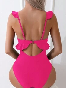 SHEIN Swim Summer Beach Ruffle Edge Trimmed Hollow Out One-Piece Swimsuit Valentine - Hot Pink - View 2