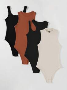 INAWLY Plus Size Solid Color Ribbed Knit Bodysuit