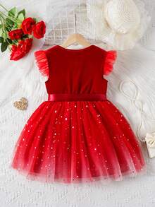 SHEIN 年轻女孩拼布闪光网眼盖袖连衣裙 - 紅色 - 查看 2