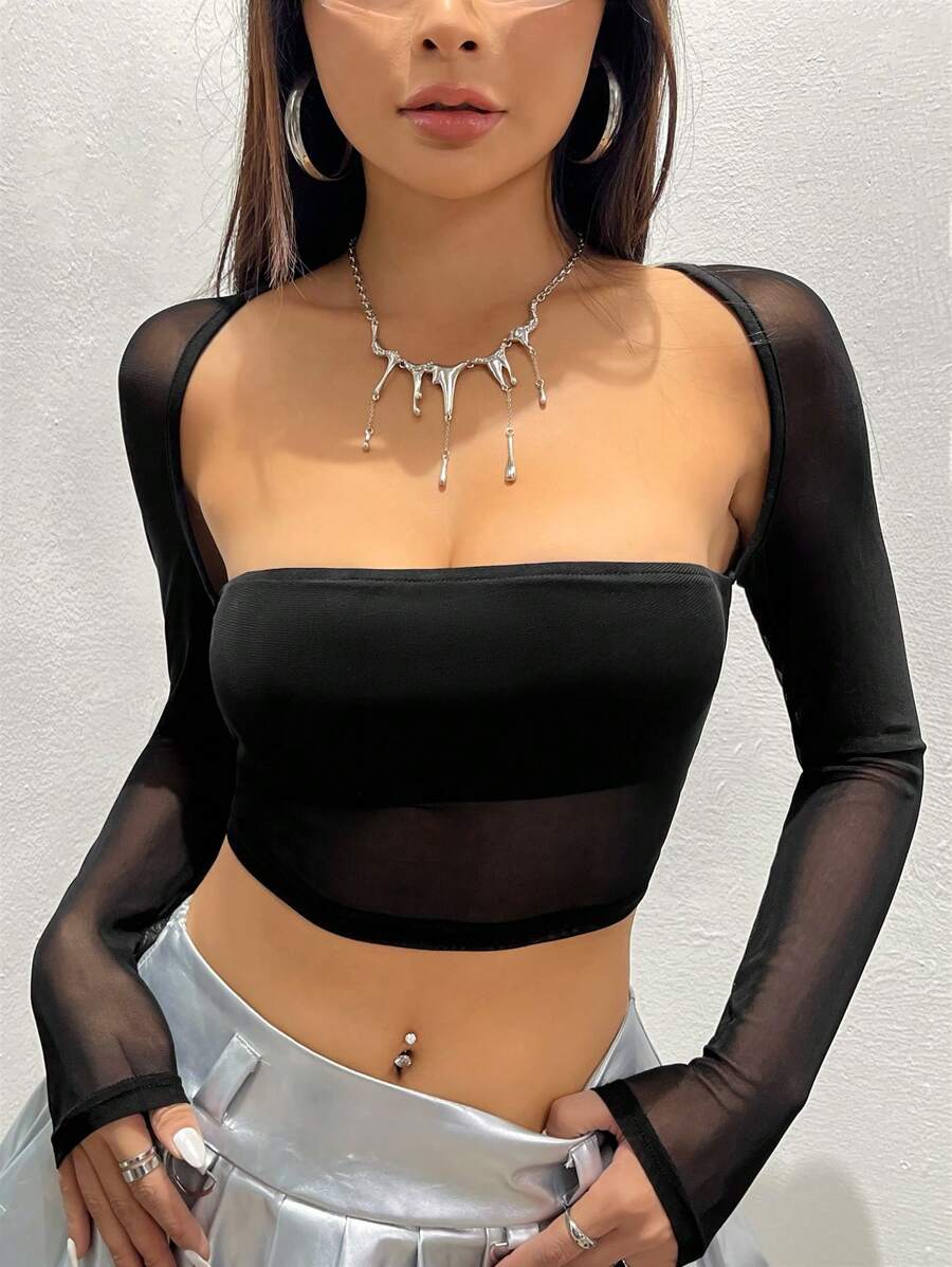 SHEIN Unity Long Sleeve Cropped T-Shirt - Black - View 1