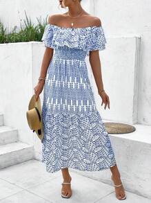 Breezaya Polka Dot Print Off Shoulder Dress With Ruffle Trim - Multicolor - View 6