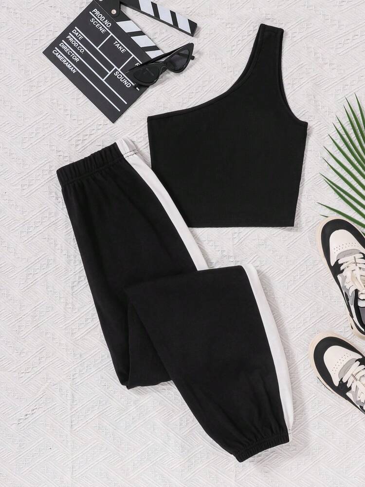 Teen Girl Oblique Shoulder Color Block Top & Drawstring Joggers Casual 2pcs/Set
