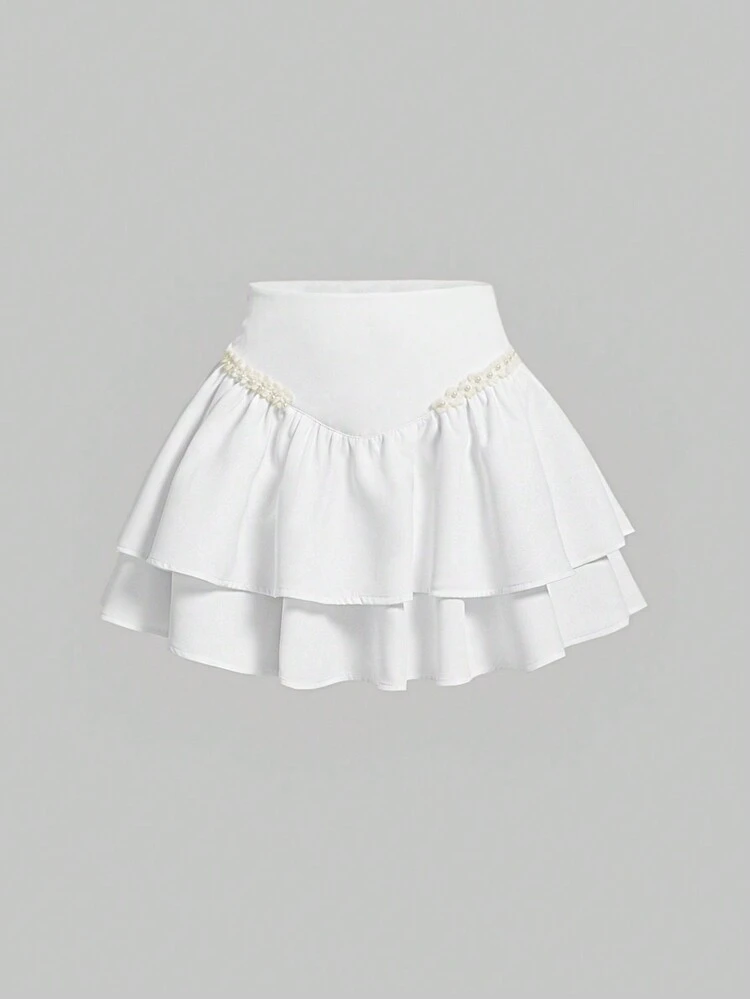 Plus Size Solid Pearls Beaded Ruffle Hem Skirt