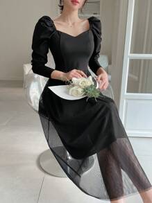 DAZY Women's Solid Color Leg-Of-Mutton Sleeve Dress With Sweetheart Neckline,Fall Dress