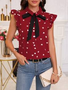 SHEIN Clasi 女色塊領結細部心形印花襯衫 - 紅色 - 查看 4