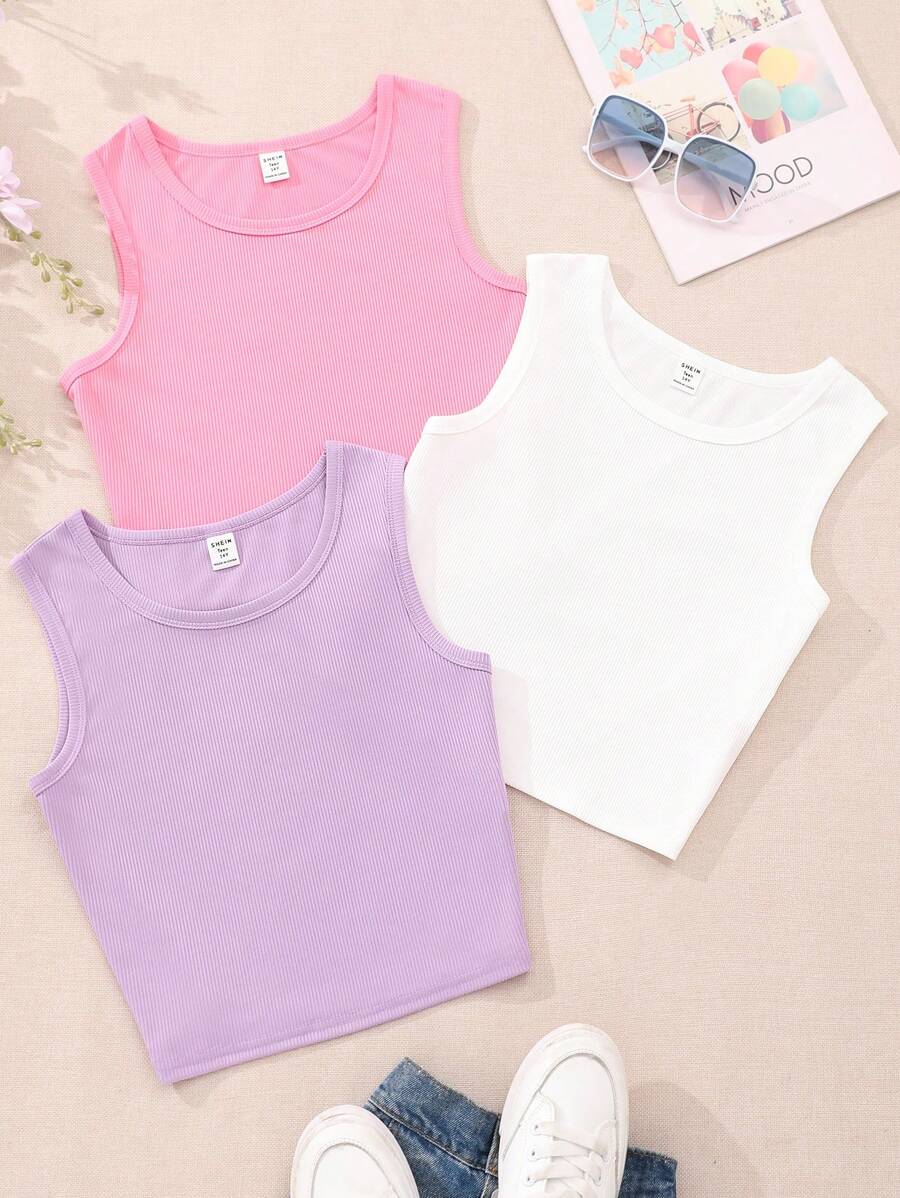 Teen Girls' Pink, White And Purple Round Neck Basic Tank Tops, Set Of 3 - Multicolor - View 1