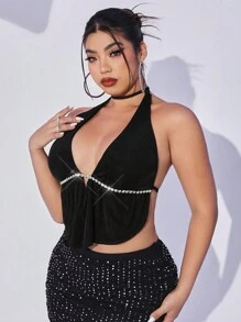 SHEIN ICON Tops De Verano Y2k Para Salir, Tamaño Grande Tops Sin Espalda Negro Creyones Con Decoración De Pedrería