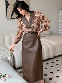 DAZY Của phụ nữ Tương phản Màu sắc In hoa Áo sơ mi Và Bộ váy - màu nâu - Xem 5