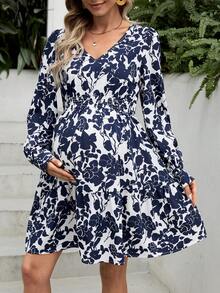 SHEIN 孕婦休閒花卉印花v領合身腰線連衣裙 - 藍白色 - 查看 5