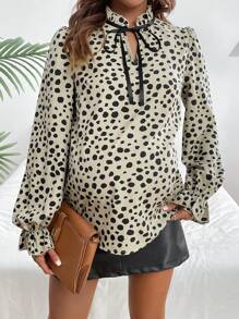 SHEIN Maternity Polka Dot Print Shirt With Tie Collar - Multicolor - View 3