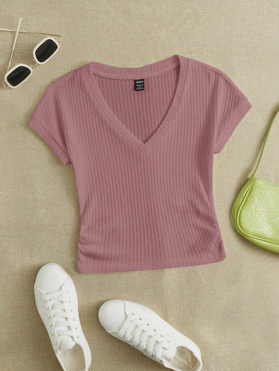 SHEIN EZwear Women's Solid Color V-Neck T-Shirt - Dusty Pink - View 1