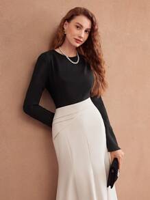 MOTF PREMIUM VÁY BLOCK MÀU TAY DÀI - Đen và trắng - Xem 3