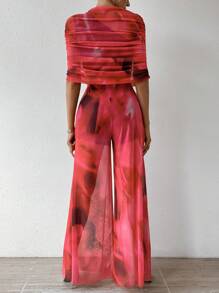 Chiquease 漸變色網紗荷葉邊短上衣寬腿褲套裝 - 紅色 - 查看 4