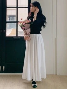 DAZY 女士松紧腰褶裥半身裙 秋季半身裙 - 白色 - 查看 8