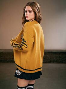 Harry Potter | ROMWE Front Button-up Knit Cardigan With Letter Pattern - Yellow - View 2