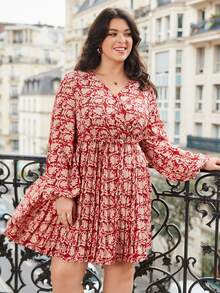 SHEIN Frenchy Plus Size Vacation Pleated Printed Lantern Sleeve V-Neck Dress