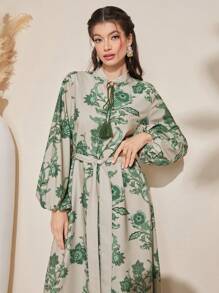 Al Najma Women's Floral Print Bow-Tie Neck Long Lantern Sleeve Modest Dress Cottagecore Dresslantern Sleeve Dressresort Wear Women - Green - View 4