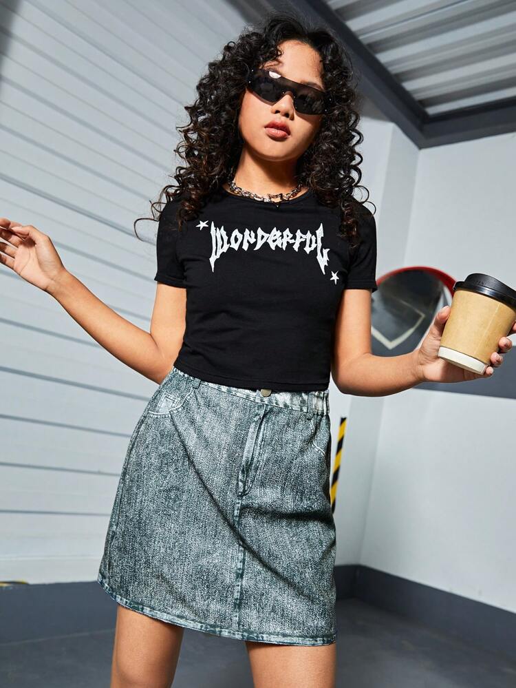 Teen Girls' Letter Printed T-Shirt And Denim Effect Skirt Set