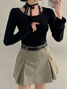 DAZY 女士休闲纯色蝴蝶结紧身T恤，春秋长袖女上衣，秋季女装