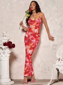 SHEIN BAE 浪漫情人節約會頸掛露背花卉印花優雅長裙女裝 - 彩色 - 查看 7