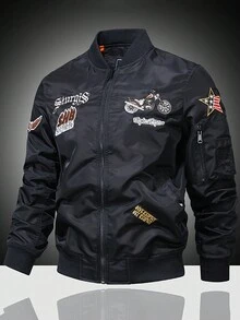 男款重型刺繡棒球領飛行夾克,時尚休閒工裝夾克 - 黑色 - 查看 1