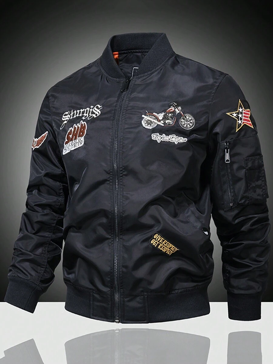 男款重型刺繡棒球領飛行夾克,時尚休閒工裝夾克 - 黑色 - 查看 1