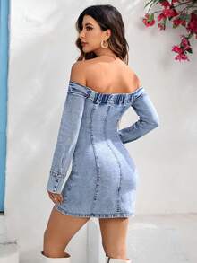 SHEIN Essnce 女士牛仔斜肩連身性感聖誕派對裝 - 中等水洗藍 - 查看 3