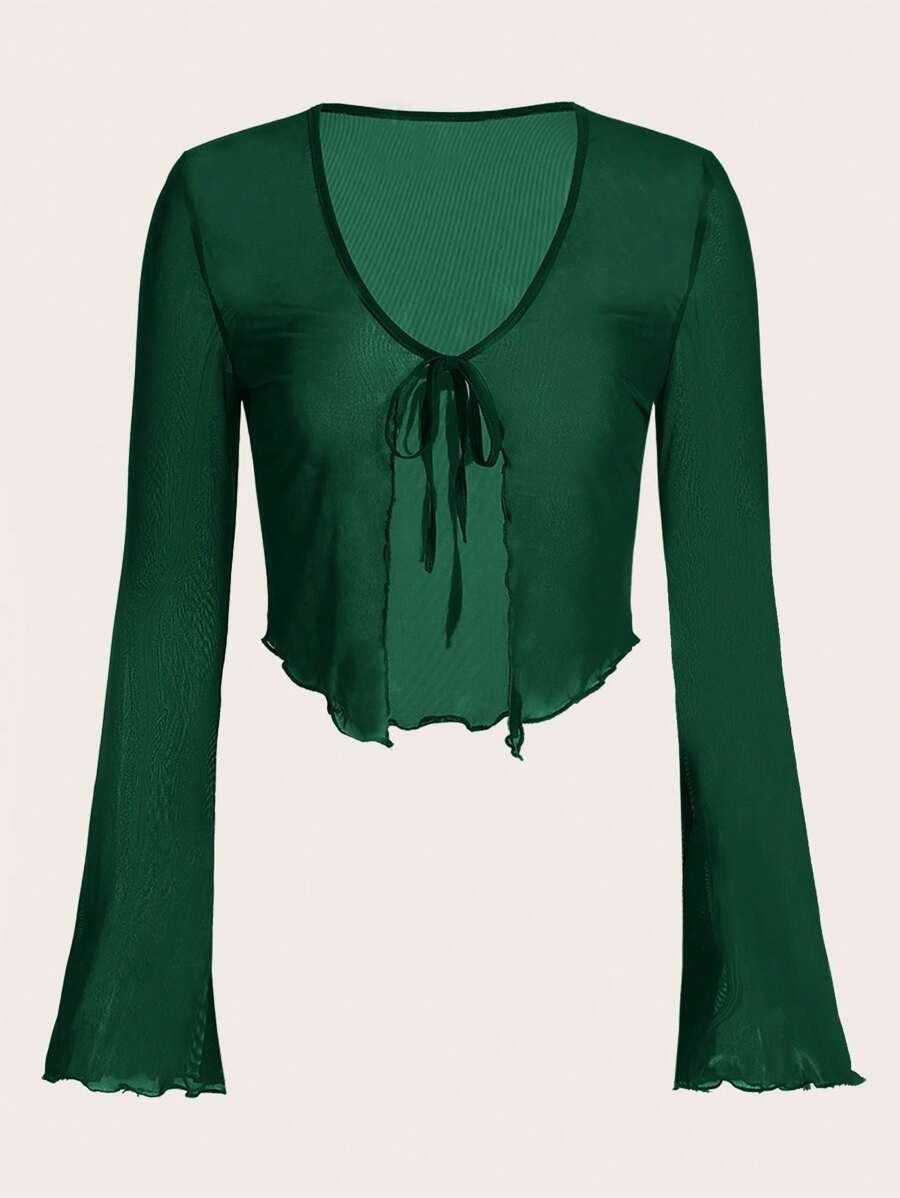 SHEIN ICON 女士绿色网纱前系带喇叭袖上衣 - 墨綠色 - 查看 1
