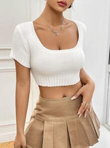 Flirla Top Corto De Punto De Manga Corta De Color Liso Para Mujer