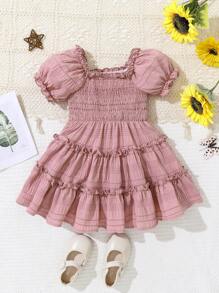 SHEIN 女嬰荷葉邊連身裙,泡泡袖和裝飾邊框 - 粉色 - 查看 6