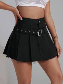 SHEIN EZwear 女性磨損邊褶皺牛仔裙 - 黑色 - 查看 4