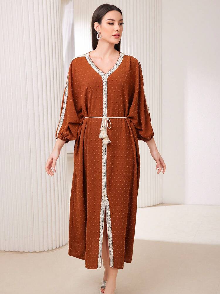 Women's Weave Belt Splice High Slit Bodycon Dress Kaftan Jalabiya Dress