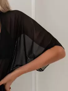 Swim Basics Summer Beach Women's Solid Color Mesh Kimono Cardigan - Black - View 4