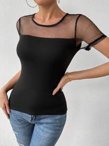 SHEIN Essnce Áo thun lưới tương phản tay ngắn cho nữ - màu đen - Xem 6
