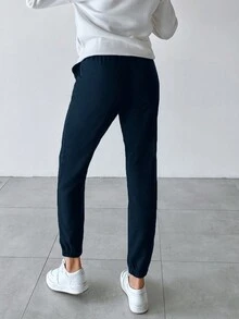 EURMUSE Quý cô Màu thuần Eo dây rút Quần thể thao - Màu xanh hải quân - Xem 2