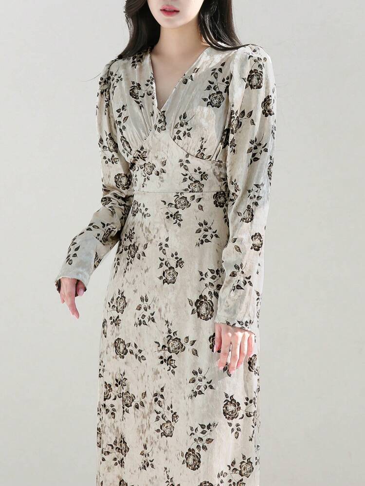 Women'S Casual Floral Print Dress,Fall Dress Long Sleeve Dress