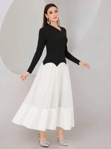 Modelyn Vestido largo de manga larga con bloques de color (sin cadena para la cintura) Vestidos de noche largos para mujer - Multicolor - Ver 7