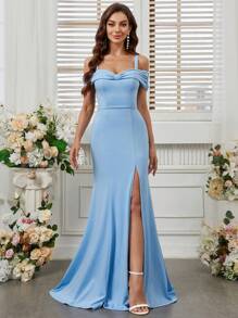 SHEIN Belle 鏤空肩高側開叉魚尾伴娘服 - 藍色 - 查看 7