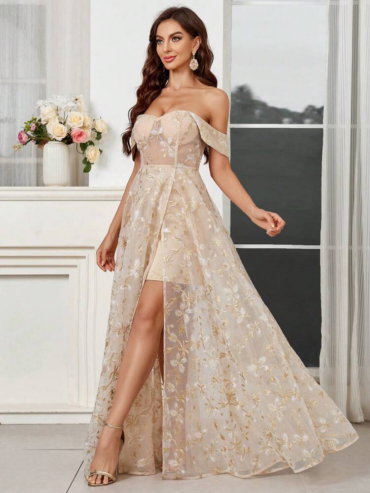 Women's Heavy-Duty Embroidered Fabric Evening Dress With Ultra Long Hem, High Side Slit And Off Shoulder Design