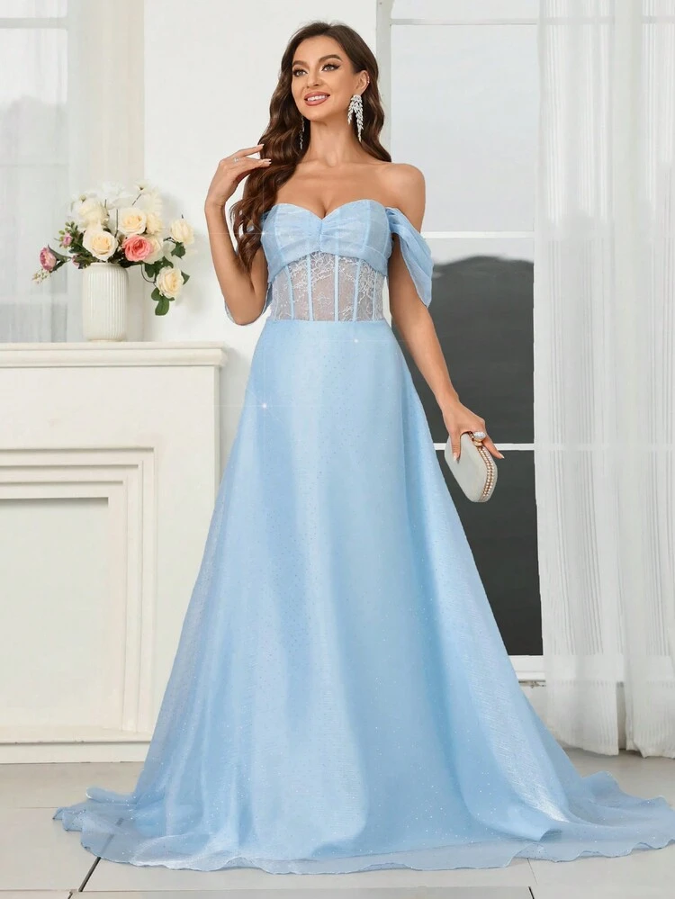 Elegant Women's Lace Splicing Rhinestone Large A Swing Insert Off-The-Shoulder Evening Gown