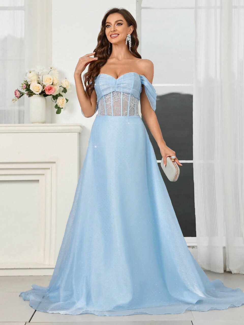 Elegant Women's Lace Splicing Rhinestone Large A Swing Insert Off-The-Shoulder Evening Gown