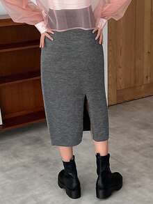 FRIFUL Designer 女士纯色休闲针织缎带束带裙 - 灰色 - 查看 2