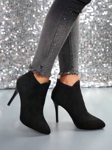 Women's Fashionable Elegant Suede Stiletto Pointed Toe High Heel Short Boots, Ankle Length - Black - View 1