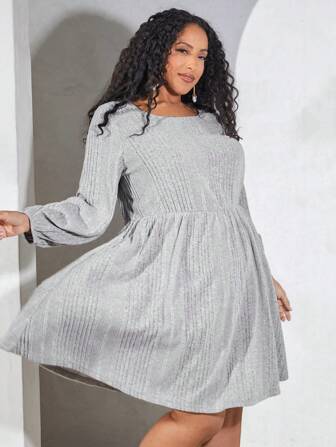SHEIN CURVE+ Plus Size Solid Color Lantern Sleeve Dress