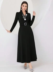 Modelyn Women's Long Sleeve Modest Dress With 3d Floral Decoration, Elegant Evening Party Maxi Modest Dress Black Blazer Dresssuit Dressbusiness Dress Long Evening Dresses - Black - View 5