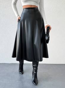 EURMUSE 女士假皮革裙子,附有口袋 - 黑色 - 查看 1