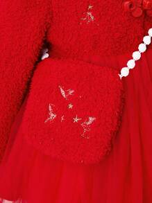 SHEIN Vestido Infantil De Manga Larga Rojo Para Niñas Con Corte De Malla Y Conjunto De Bolsa - Rojo - Ver 4