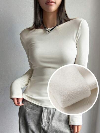 DAZY 솔리드 라운드 넥 티 긴팔 여성 상의, 보온 안감 가을, 겨울